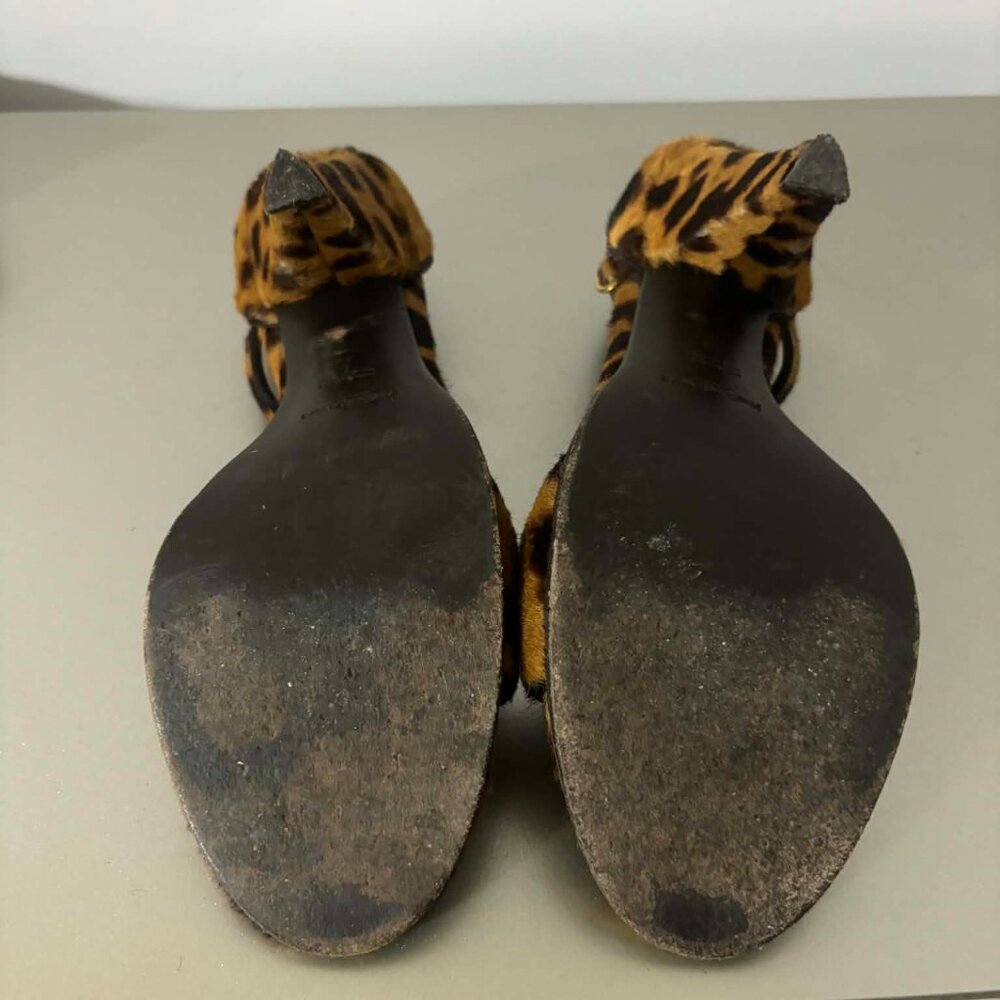 YSL Leopard Calf Hair Peep-Toe Heels with Leather Tassels - Picture 2 of 7